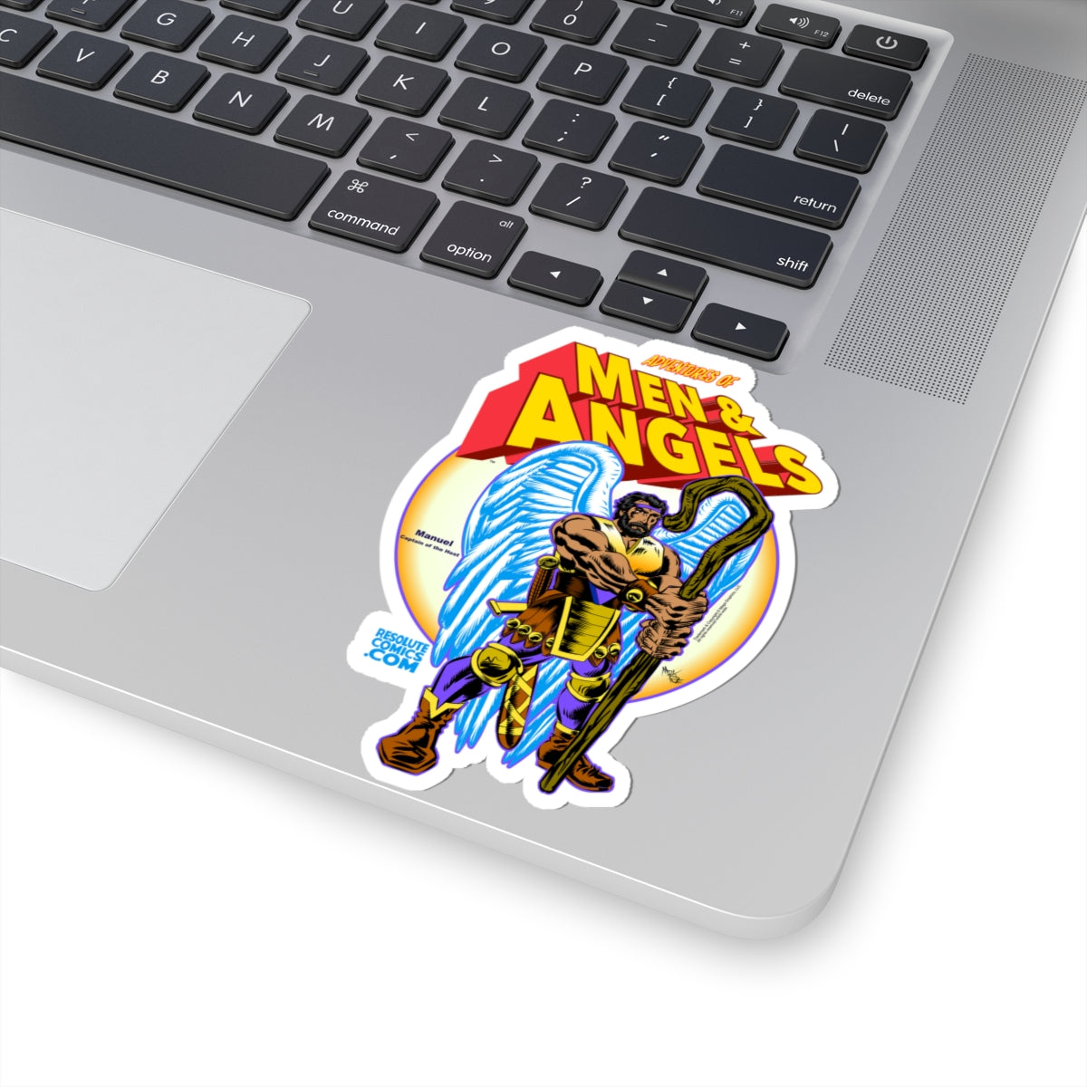 Men & Angels Comic Sticker — Retro Superhero Kiss-Cut Decal